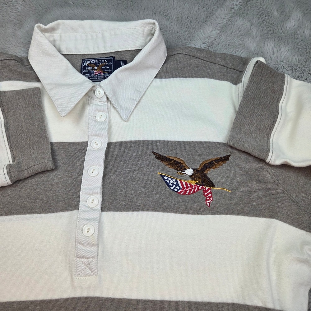 VTG American Living Rugby Shirt Men LG Grey Cream Striped Eagle Flag Long Sleeve